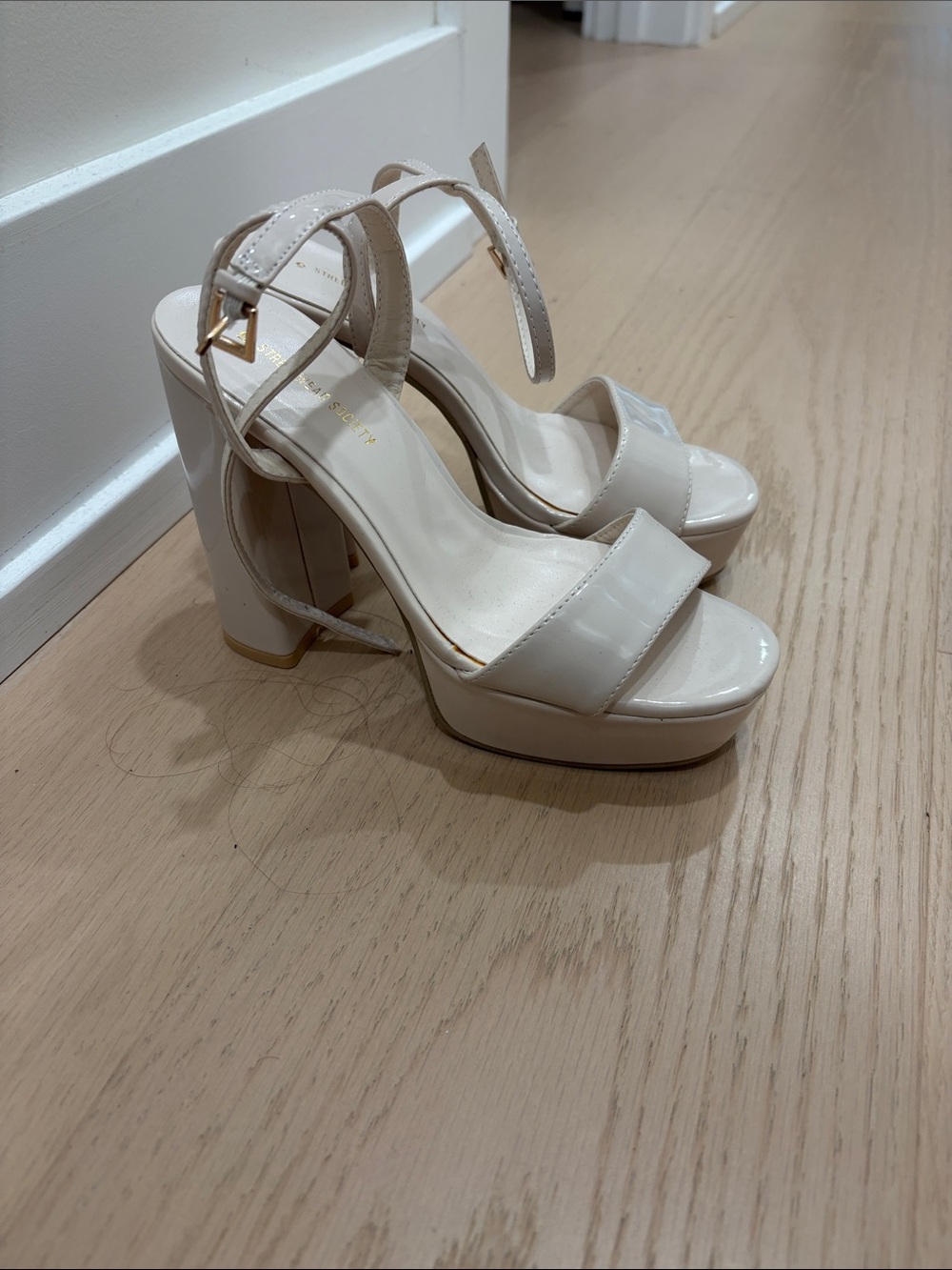 Streetwear Society Cream Patent Platform Block Heels with Ankle Strap